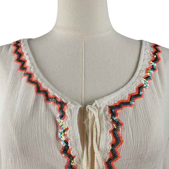 NEW POL Small Off-White Crinkled Cotton Blouse Embroidered Tie Tassels BOHO - Picture 9 of 15